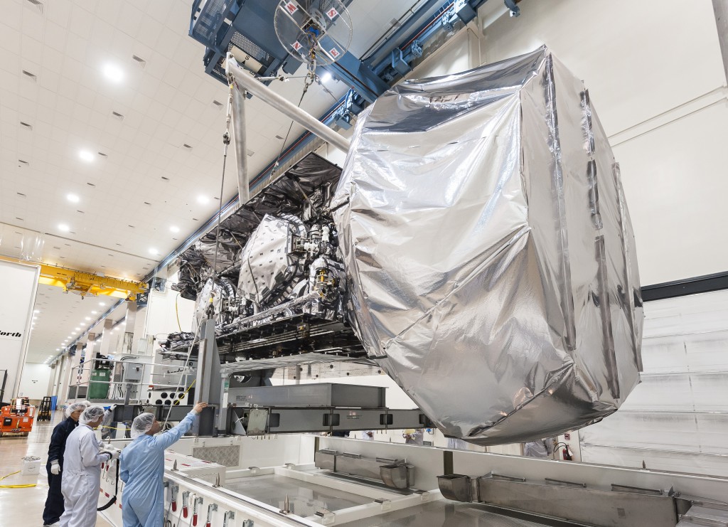 The U.S. Navy's third MUOS communications satellite inside a Lockheed Martin clean room in Sunnyvale, Calif. Credit: Lockheed Martin