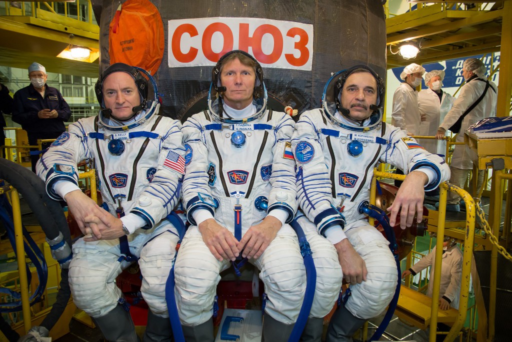 Veteran astronaut Scott Kelly, Soyuz commander Gennady Padalka and cosmonaut Mikhail Kornienko are set to blast off to the International Space Station at 1942:57 GMT (3:42:57 p.m. EDT) Friday. Credit: NASA/Victor Zelentsov