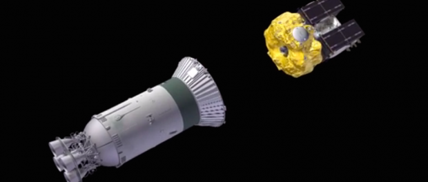 The Soyuz rocket’s third stage releases the Fregat-MT upper stage just shy of orbital velocity.