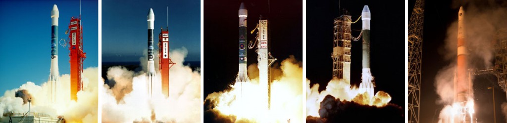 The first successful launches in the GPS 2 generation -- Block 2 in 1989, Block 2A in 1990, Block 2R in 1997, Block 2R-M in 2005 and Block 2F in 2010. Credit: McDonnell Douglas, Boeing and ULA