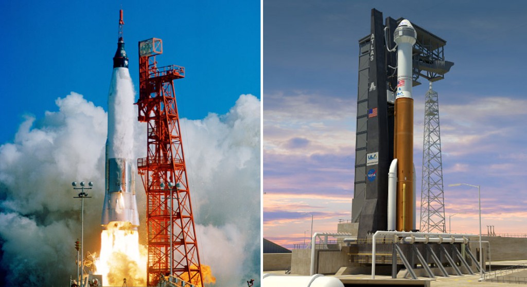 Two generations of manned Atlas rockets. Launch of John Glenn (left) and concept of Starliner (right). Credit: NASA and Boeing