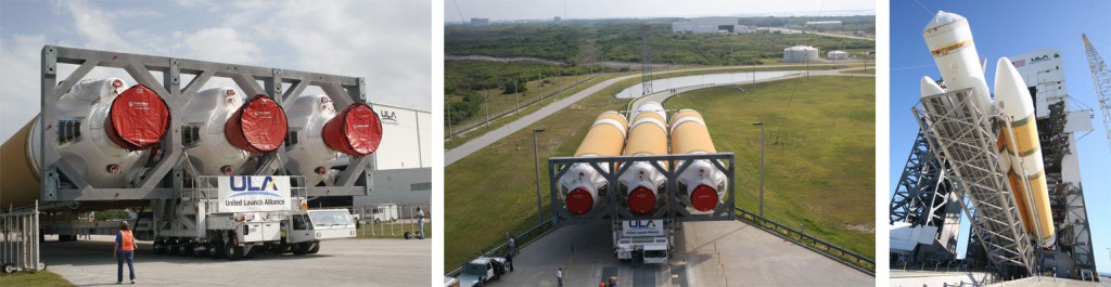 File photos of Delta 4-Heavy rollout and erection. Photos by ULA