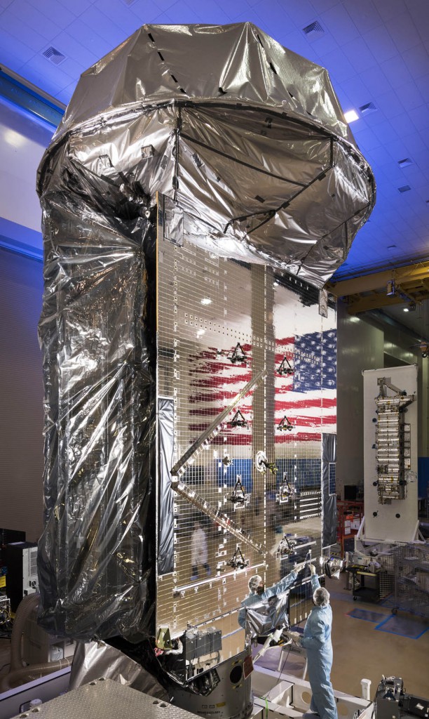 MUOS No. 5 in the factory before shipment to Cape Canaveral for launch. Credit: Lockheed Martin