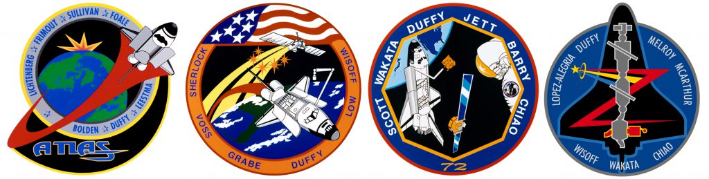 Duffy's four mission patches.