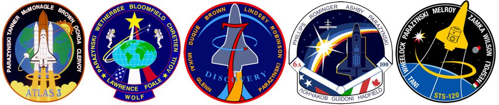 Parazynski's five mission patches.