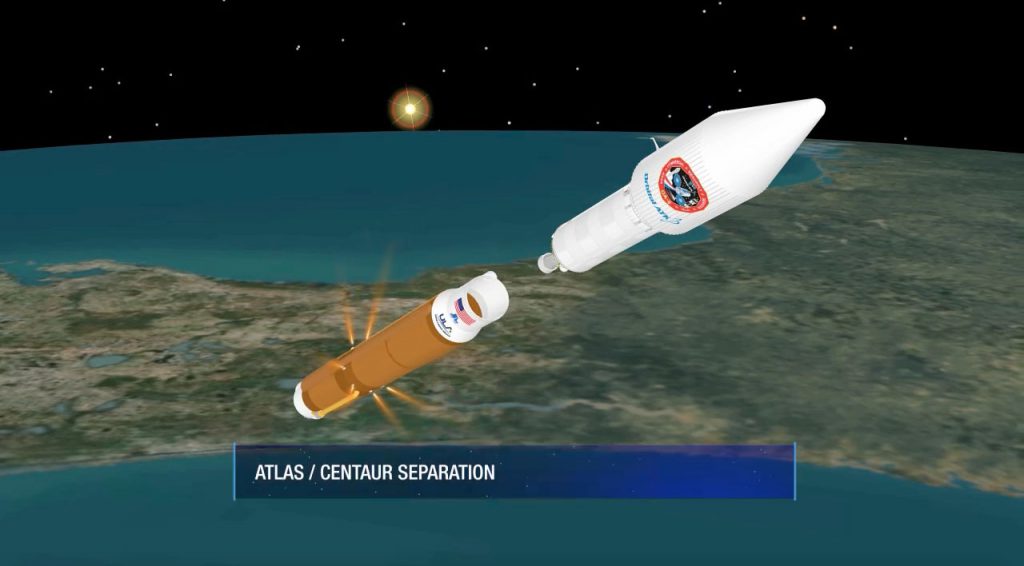 An artist's depiction of the first stage separating from Centaur during the Cygnus launch. Credit: ULA