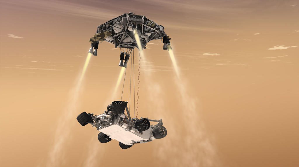 An artist's concept of the Sky Crane lowering Curiosity onto the Martian surface. Credit: NASA