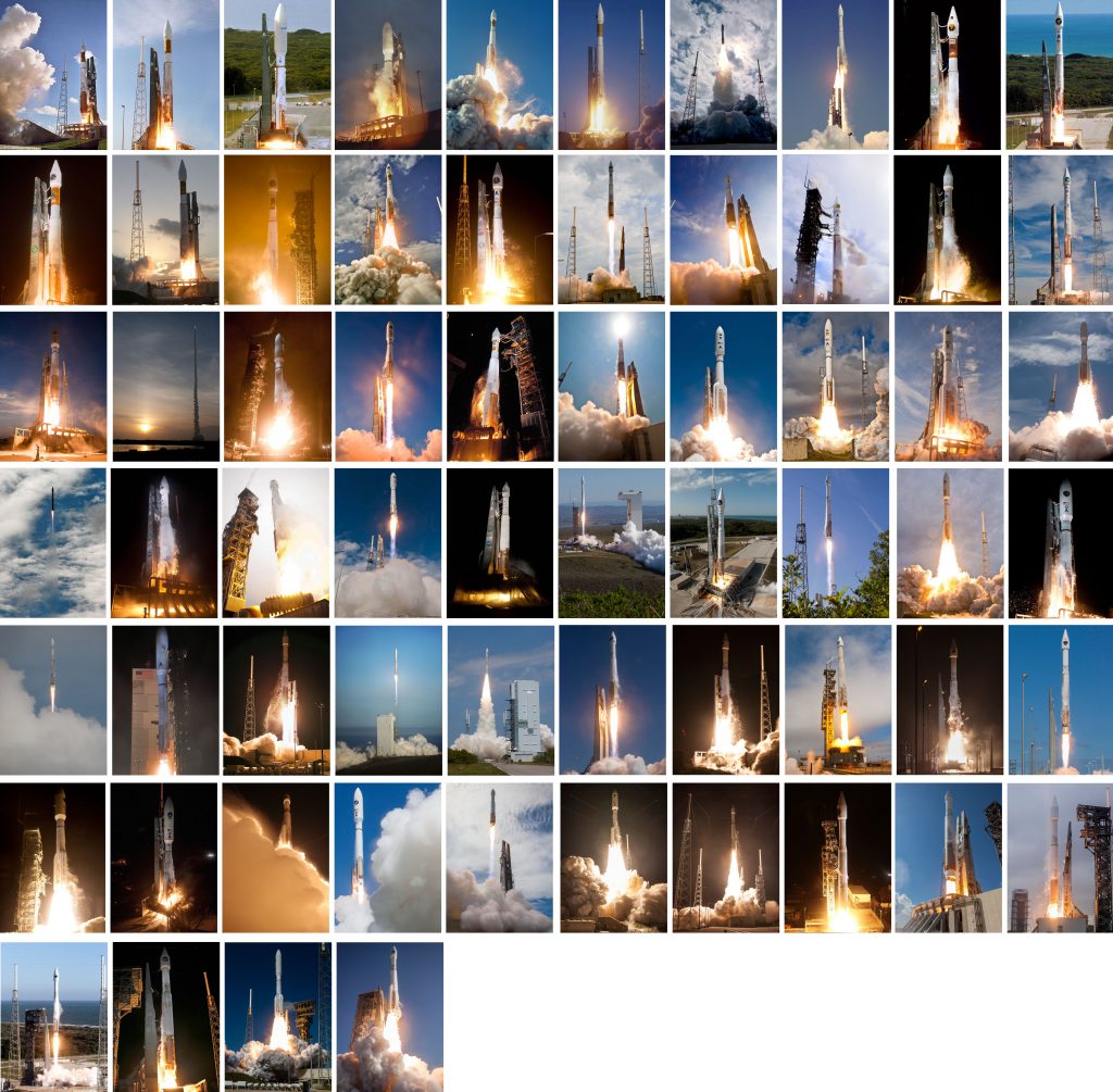 All 64 launches by the workhorse Atlas 5 rocket for the Defense Department, National Reconnaissance Office, NASA and commercial clients. Photos by Pat Corkery, Ben Cooper, Walter Scriptunas II, James Murati, Gene Blevins, Bill Hartenstein, Alex Polimeni and Justin Ray