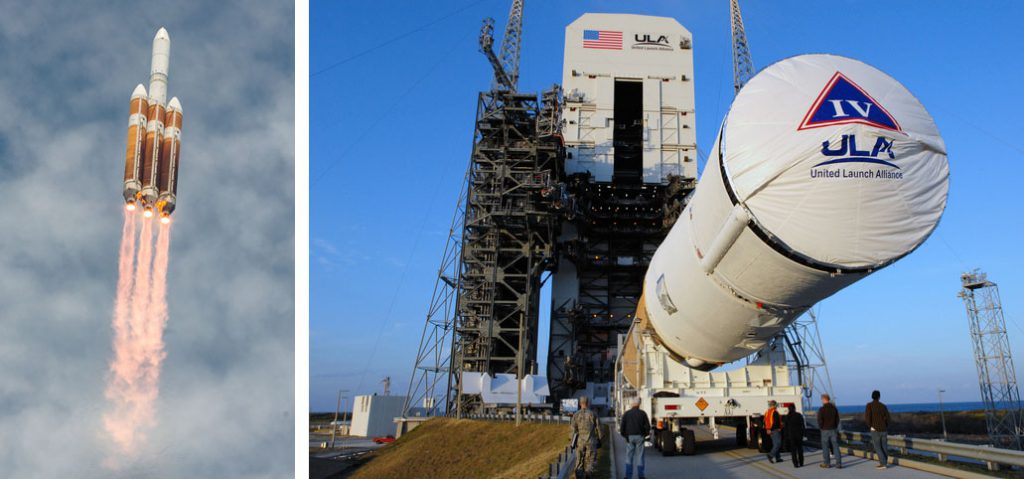 Left: Delta 4-Heavy launch June 11; Right: File of Delta 4-Medium+ (4,2) rollout. Credit: Walter Scriptunas II / Scriptunas Images and NASA-KSC