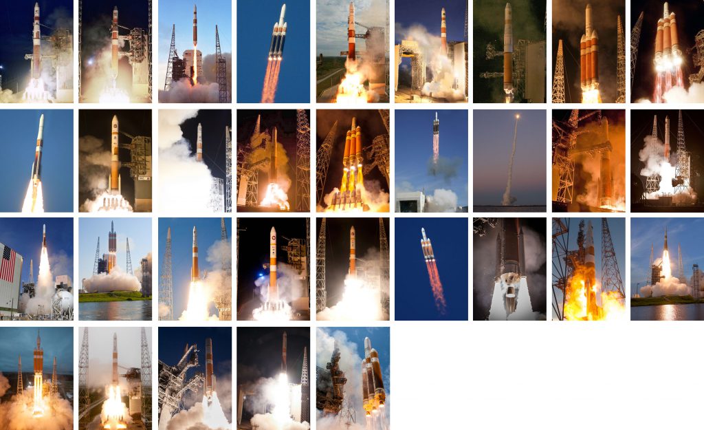 All 32 launches by the Delta 4 rocket for the Defense Department, National Reconnaissance Office and commercial clients. Photos by Thom Baur, Carleton Bailie, Pat Corkery, Gene Blevins, Ben Cooper, Walter Scriptunas II, Alex Polimeni and Justin Ray