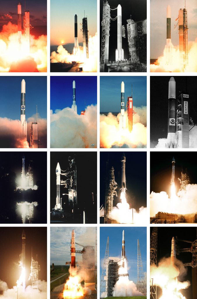 All of the launches in the GOES satellite series are shown here. They were launched aboard Delta and Atlas rockets from Cape Canaveral. Photos by NASA/NOAA/ULA