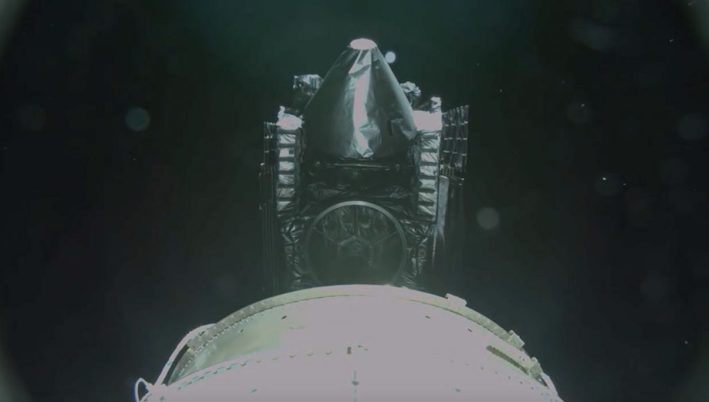 A rocketcam view of MUOS No. 5 separating from the Centaur upper stage. Credit: ULA