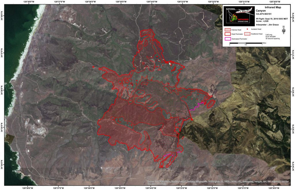 Infrared mapping flight conducted early Monday shows the state of the fire then.