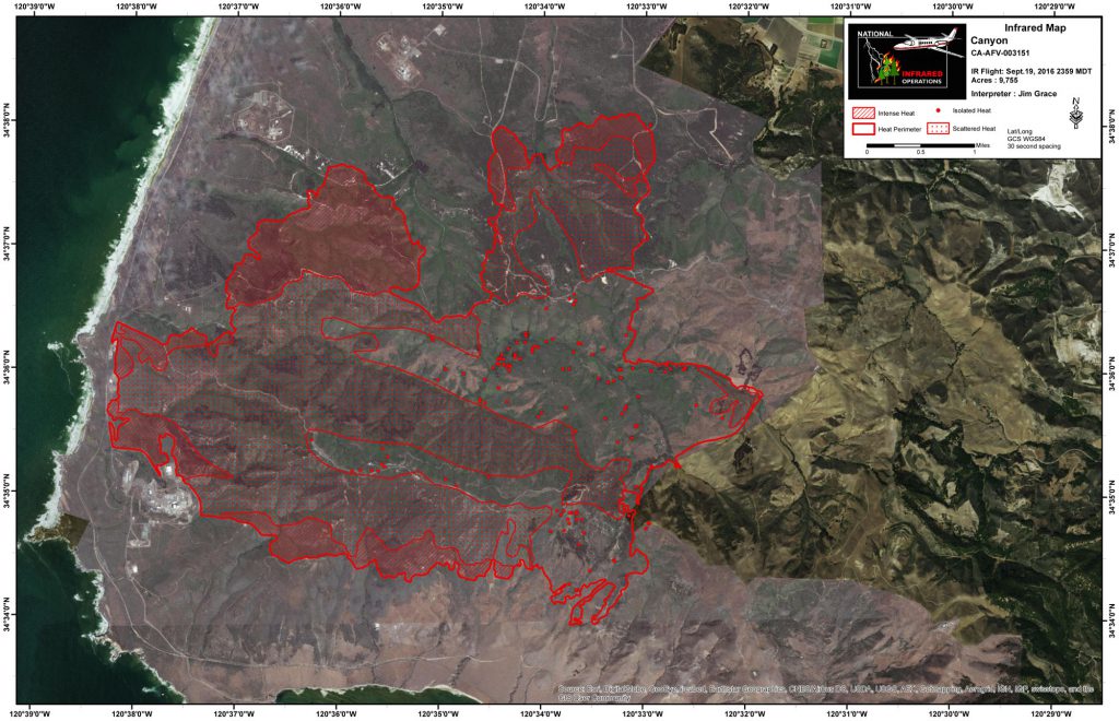 Infrared mapping flights conducted early Monday and late Monday show the growth of the fire. SLC-3, -4, -6 and -8 can be seen from top to bottom.