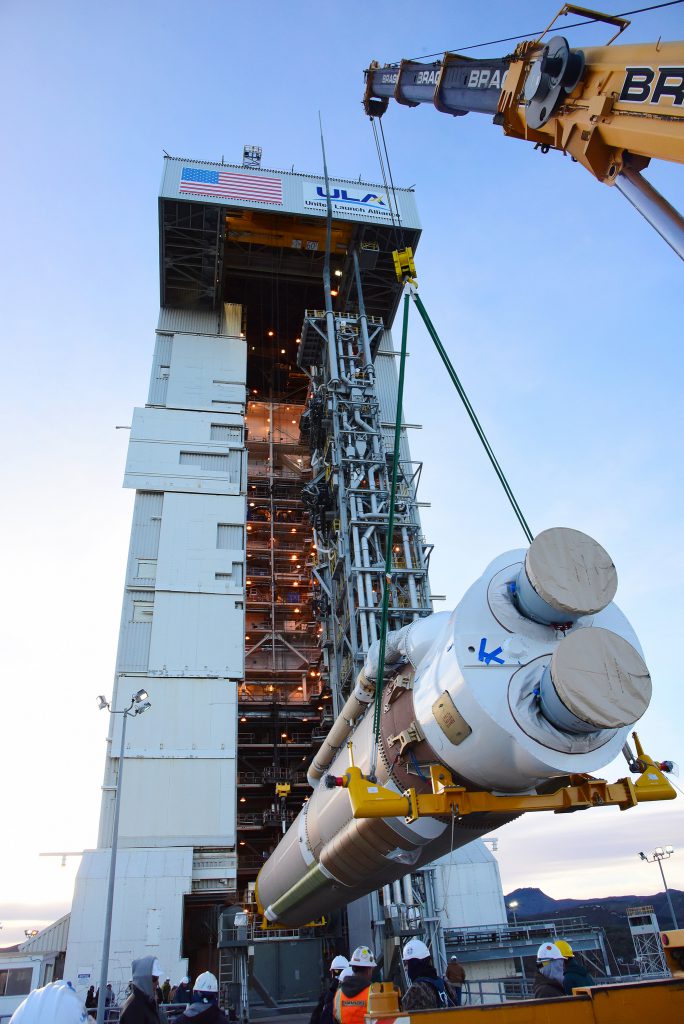 The Atlas first stage was erected on the pad in December. Credit: NASA/Mark Mackley