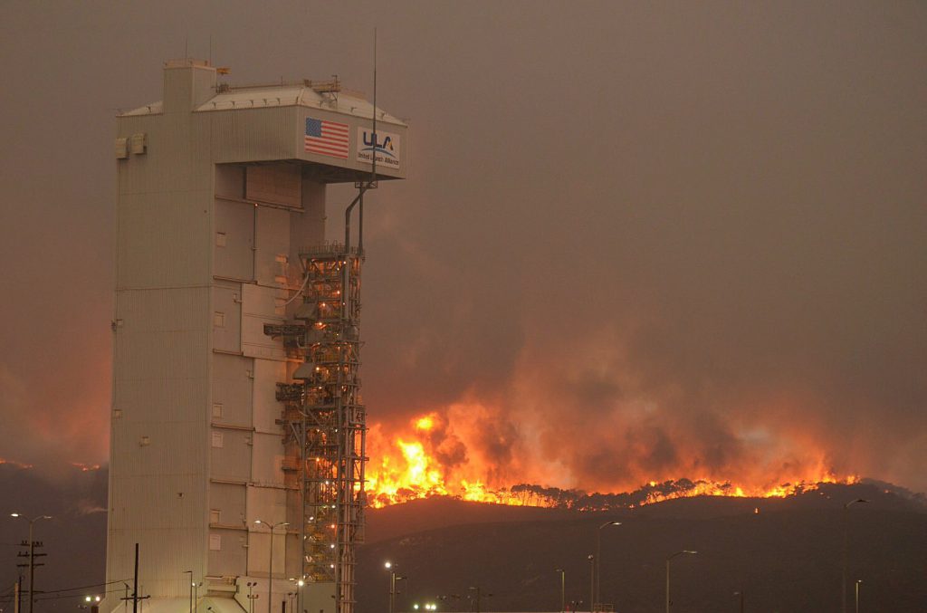 Flames burn behind the Atlas 5 rocket pad Monday. Credit: Santa Barbara County Fire Dept.