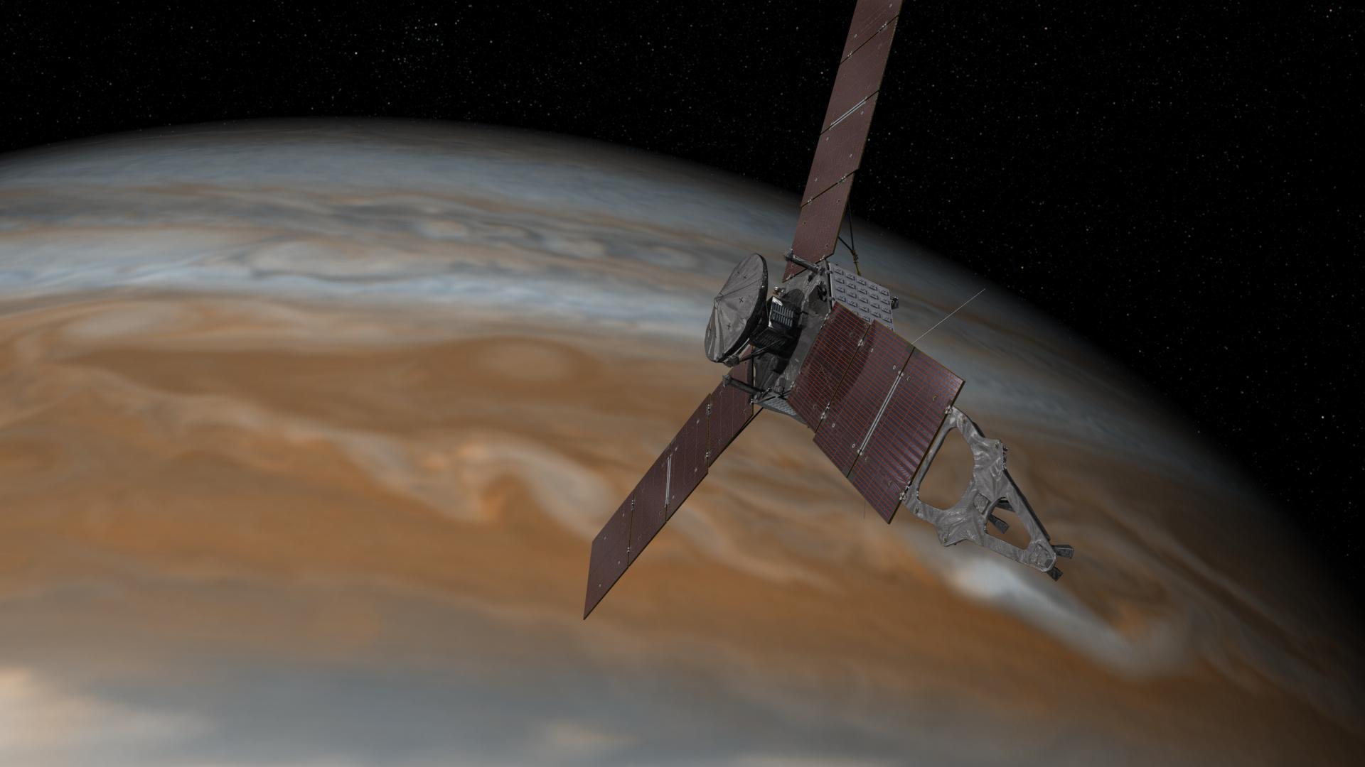 Artist's concept of the solar-powered Juno spacecraft at Jupiter. Credit: NASA/JPL-Caltech