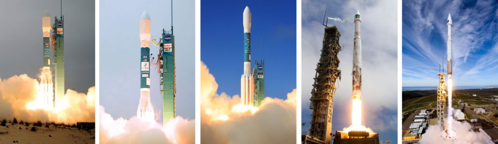 All five of DigitalGlobe's sub-50cm high-resolution imagery satellites were launched by Delta 2 and Atlas 5 rockets since 2007. Photos by ULA