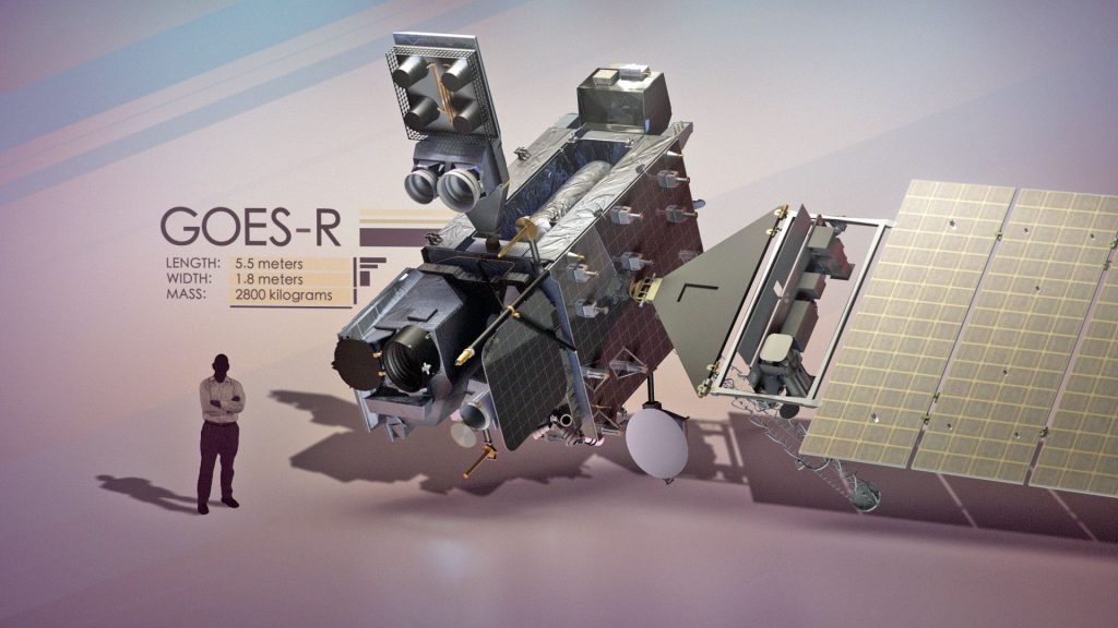 An artist's concept of GOES-R and man for size comparison. Credit: NASA/NOAA