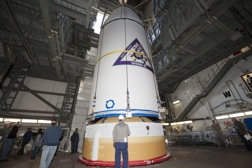 WGS 8 was hoisted atop the Delta 4 on Nov. 21. Credit: United Launch Alliance