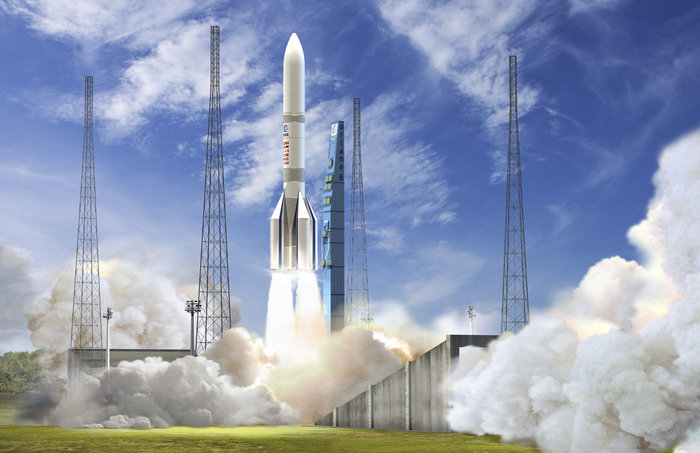 Artist's illustration of the Ariane 64 rocket version, with four solid rocket boosters. Credit: ESA–David Ducros, 2016