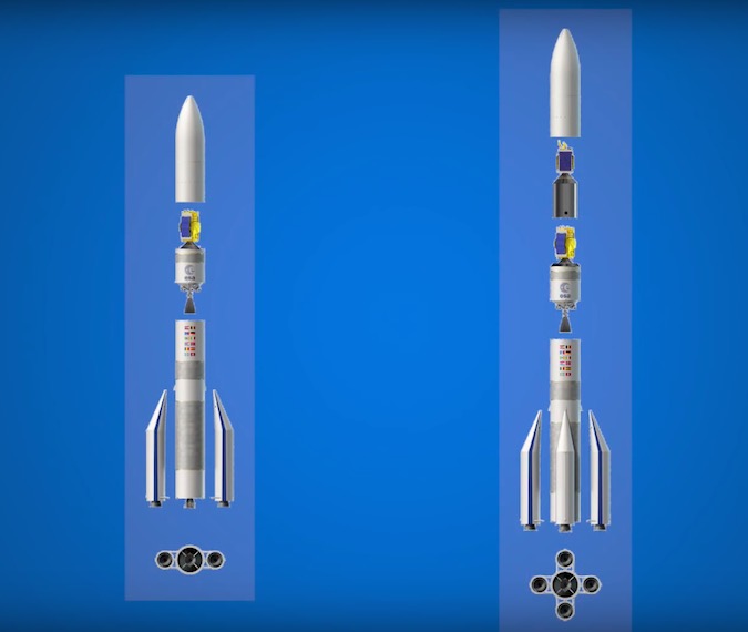 This cutaway diagram shows the Ariane 62 and Ariane 64 rocket configurations. Credit: ESA