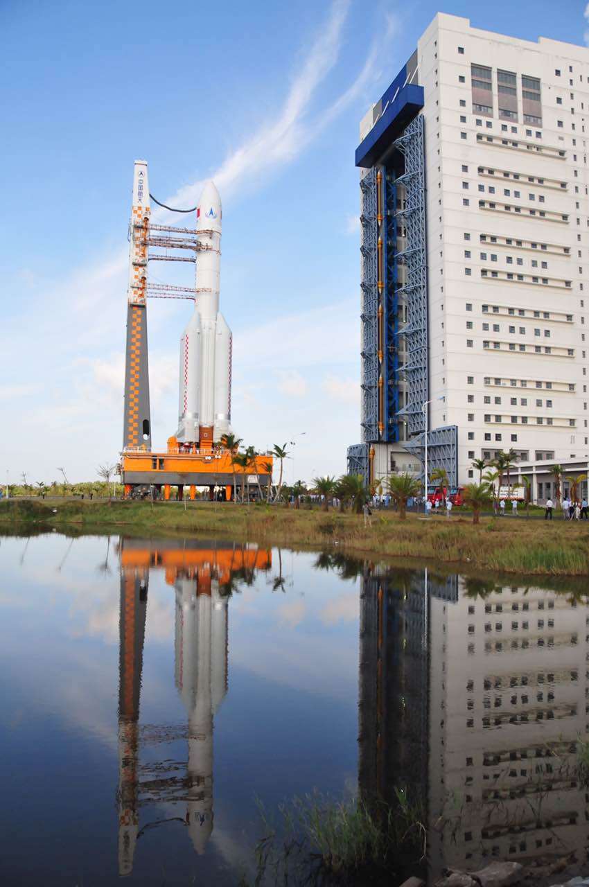 The Long March 5 rocket emerges from its assembly building at Wenchang. Credit: CALT