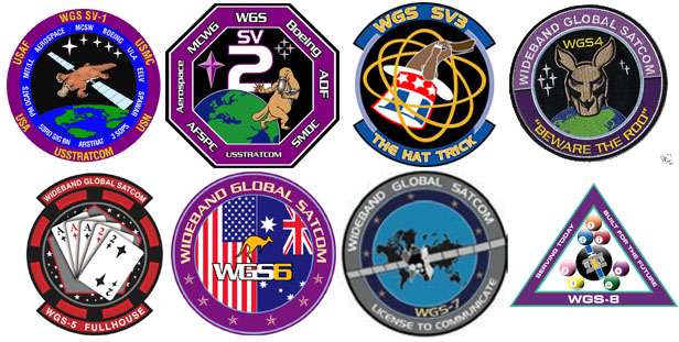 The eight WGS mission patches. Credit: Air Force logos; Spaceflight Now graphic