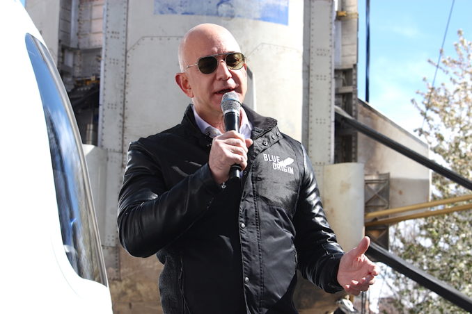 Jeff Bezos speaks at the 33rd Space Symposium on April 5. Credit: Stephen Clark/Spaceflight Now