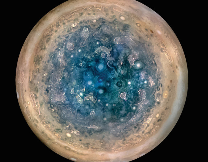 This image shows Jupiter's south pole, as seen by NASA's Juno spacecraft from an altitude of 32,000 miles (52,000 kilometers). Credit: NASA/JPL-Caltech/SwRI/MSSS/Betsy Asher Hall/Gervasio Robles