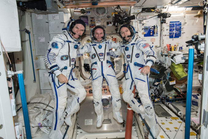 European astronaut Paolo Nespoli, Russian cosmonaut Sergey Ryazanskiy and Expedition 53 commander Randy Bresnik donned their Sokol spacesuits last week to rehearse undocking and landing procedures. Credit: NASA