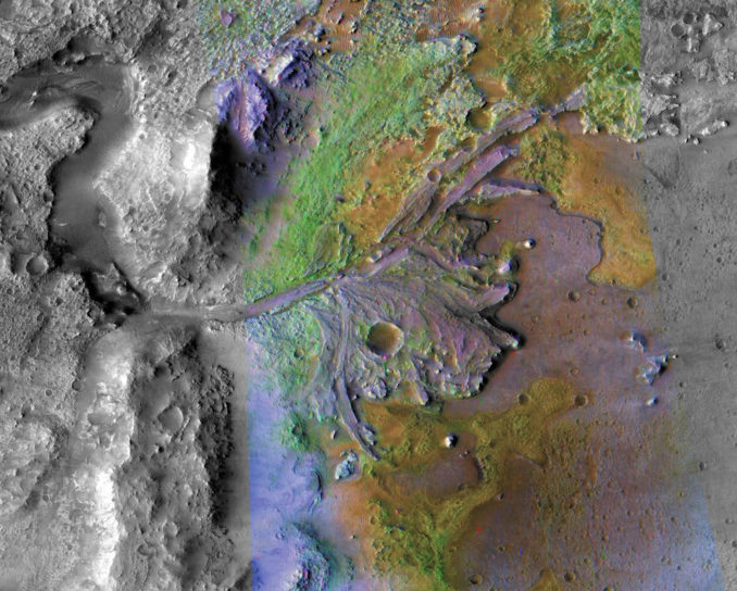 On ancient Mars, water carved channels and transported sediments to form fans and deltas within lake basins. Examination of spectral data acquired from orbit show that some of these sediments have minerals that indicate chemical alteration by water. Here in Jezero Crater delta, sediments contain clays and carbonates. This false-color image combines information from two instruments on NASA's Mars Reconnaissance Orbiter, the Compact Reconnaissance Imaging Spectrometer for Mars and the Context Camera.
Credits: NASA/JPL-Caltech/MSSS/JHUAPL