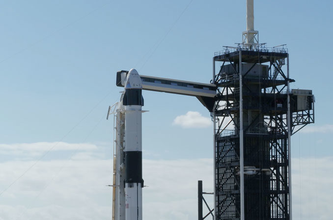 Take an aerial 4K video tour of the Crew Dragon atop Falcon 9
