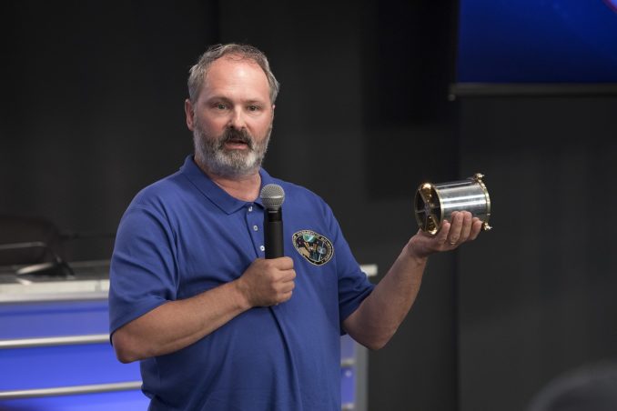 Keith Gendreau, principal investigator for the Neutron star Interior Composition Explorer, or NICER, speaks to members of social media in the Kennedy Space Center’s Press Site auditorium before NICER's launch in 2017. Credit: NASA/Kim Shiflett