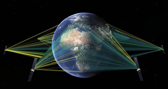 Artist's illustration of the initial O3b mPower constellation of seven satellites in an equatorial orbit. Credit: SES