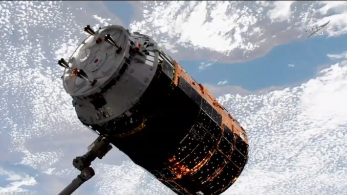 Japan's eighth HTV supply ship was captured by the International Space Station's Canadian-built robotic arm at 7:12 a.m. EDT (1112 GMT) Saturday. Credit: NASA TV/Spaceflight Now
