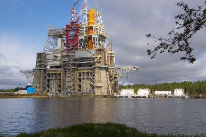 NASA's Space Launch System core stage on the B-2 test stand at the Stennis Space Center in Mississippi. Credit: NASA