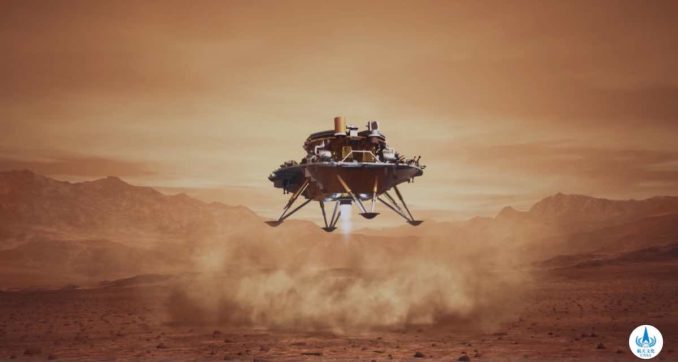 Illustration of the Zhurong rover descending to the surface of Mars on its landing platform. Credit: CNSA