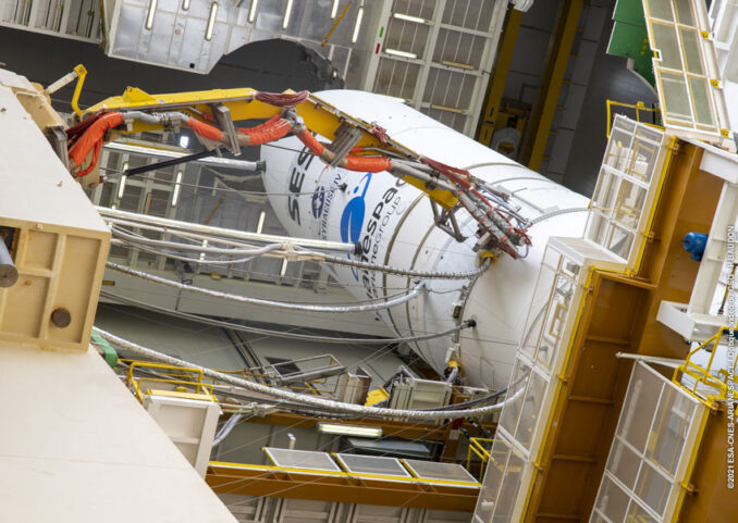 The Ariane 5 rocket's payload fairing is seen before rollout with the SES 17 and Syracuse 4A satellites. Credit: ESA/CNES/Arianespace/JM Guillon