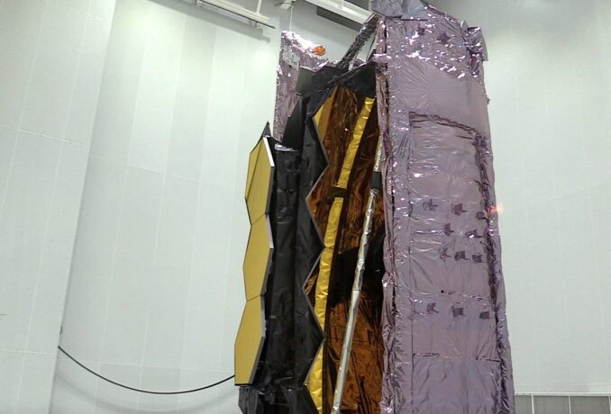 The James Webb Space Telescope inside a clean room at the Guiana Space Center. Credit: Stephen Clark / Spaceflight Now