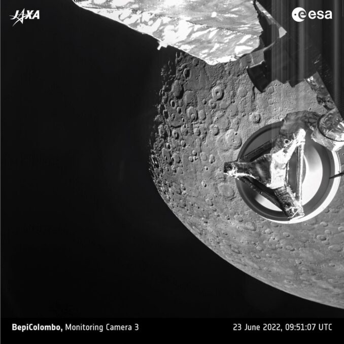A monitoring camera on ESA's BepiColombo mission captured this black-and-white view of a heavily cratered region on Mercury during a June 23 flyby. Volcanic plains are also visible in this image, which was captured from a distance of 873 miles (1,406 kilometers) from Mercury. Credit: ESA/BepiColombo/MTM
