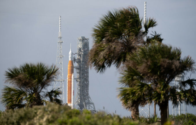 In this Nov. 8 photo, NASA's Space Launch System moon rocket stands on pad 39B at Kennedy Space Center. Credit: NASA/Joel Kowsky