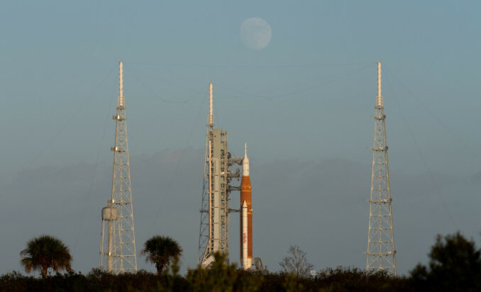 NASA's Artemis 1 moon rocket and Orion spacecraft on Launch Complex 39B. Credit: NASA/Joel Kowsky