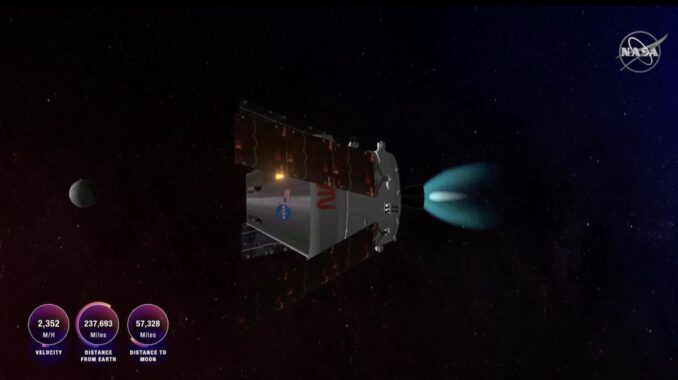 Animation still showing the Artemis 1 mission's distant retrograde orbit insertion burn Nov. 25. Credit: NASA TV