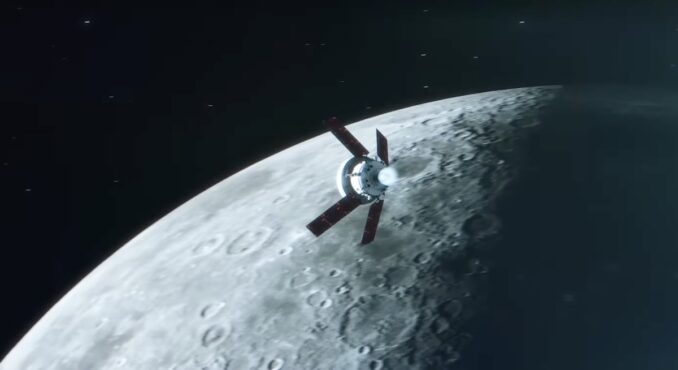 Artist's illustration of the Orion spacecraft performing the return powered flyby near at the moon. Credit: NASA