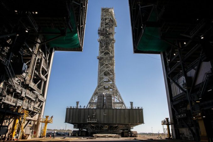 NASA's Artemis Mobile Launcher rolls into High Bay 3 of the Vehicle Assembly Building on Friday, Dec. 9. Credit: NASA/Ben Smegelsky