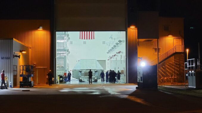 NASA's Orion spacecraft, still in its transport container, inside the Multi-Payload Processing Facility at Kennedy Space Center on Dec. 30. Credit: NASA