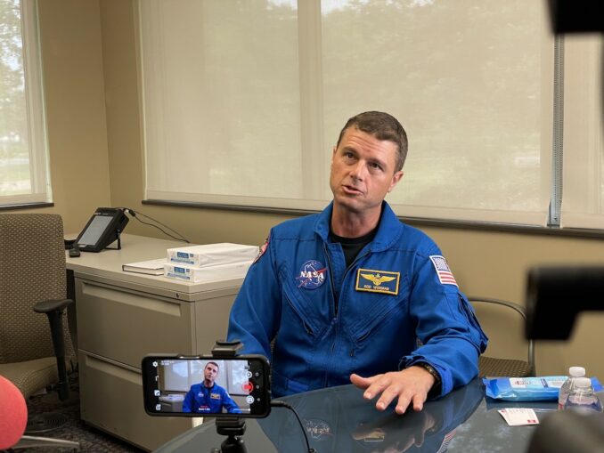 Reid Wiseman speaks with reporters Monday after NASA announced him as commander of the Artemis 2 mission. Credit: Isis Valencia / Spaceflight Now