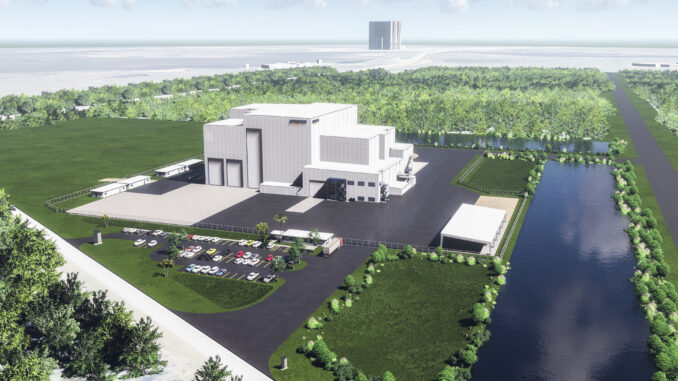 A rendering of Amazon's proposed satellite processing facility at NASA's Kennedy Space Center. The 100,000-square-foot facility will be used to prepare satellites for its Project Kuiper internet constellation for launch aboard rockets from ULA and Blue Origin.