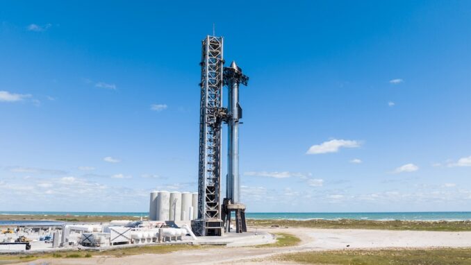 SpaceX's Starship rocket after Ship 25 was restacked on top of Booster 9 on Monday, Oct. 16, 2023. The rocket was unstacked the following day. Image: SpaceX